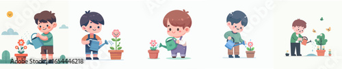 vector of a little boy watering flowers in the garden