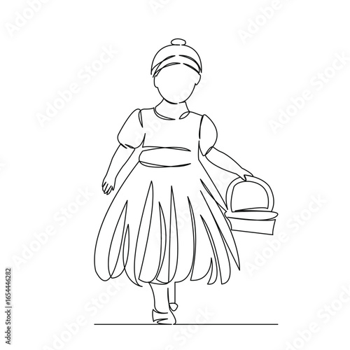 One continuous single drawing line art flat doodle wedding, flower, girl, basket, white, love, petal, child, romantic, traditional. Isolated image hand draw contour on a white background
