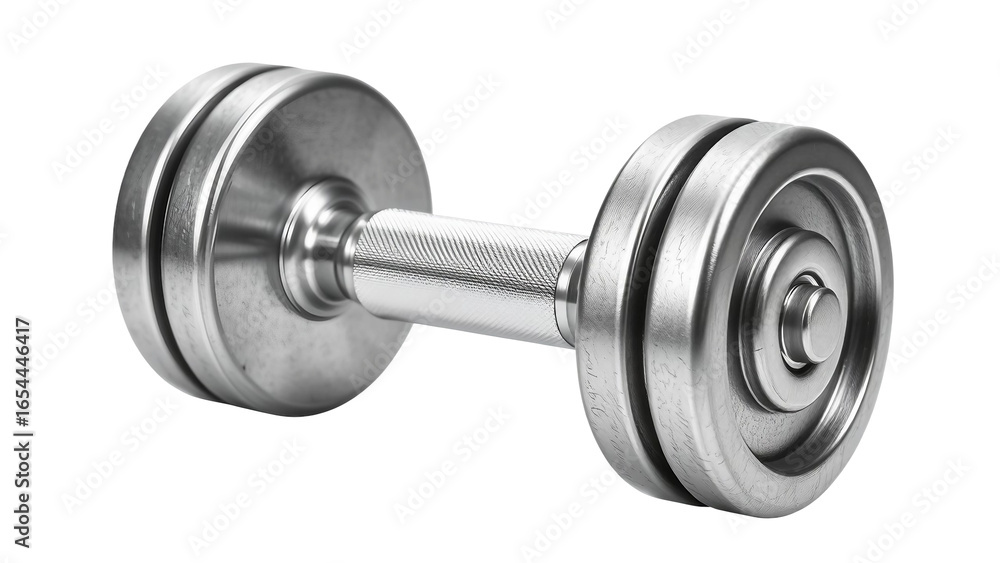 Naklejka premium Realistic metallic dumbbell with shiny steel texture, isolated on transparent background, fitness and gym equipment symbol.