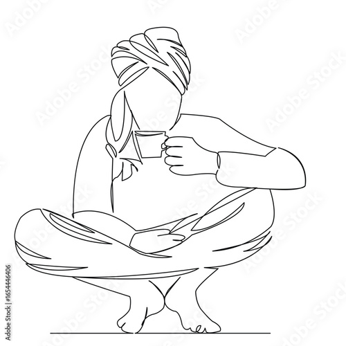 One continuous single drawing line art flat doodle man, asian, indian, male, cup, beard, coffee. Isolated image hand draw contour on a white background
