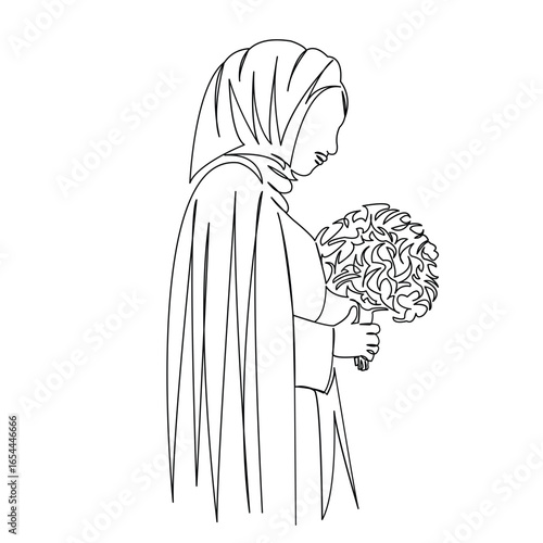One continuous single drawing line art flat doodle muslim, woman, bride, beautiful, wedding, female, islam. Isolated image hand draw contour on a white background
