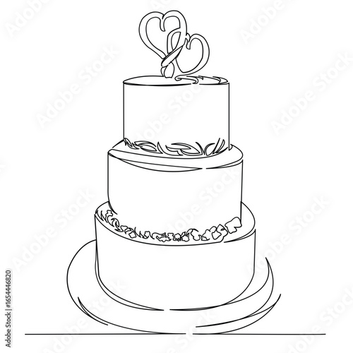 One continuous single drawing line art flat doodle cake, wedding, flower, rose, dessert, food. Isolated image hand draw contour on a white background
