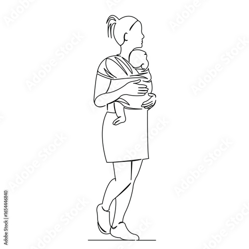 One continuous single drawing line art flat doodle parent, mother, child, family, cute, care, together, scarf. Isolated image hand draw contour on a white background
