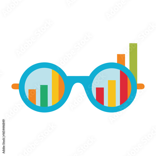 Vector art of round glasses reflecting colorful bar charts and graphs isolated on white background