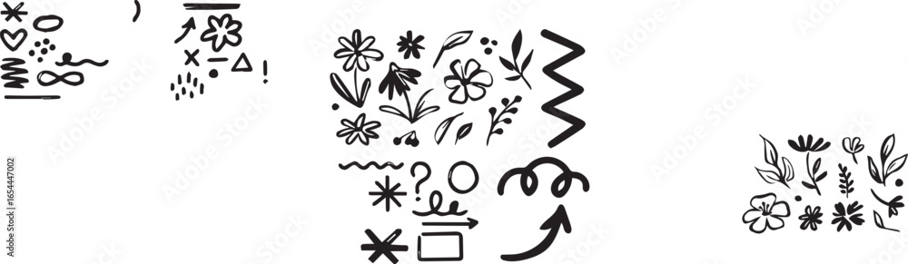 Fototapeta premium flower and Arrow brush asterisk marker line shape set. Hand drawn brush stroke asterisk, arrow, squiggle shape with grunge texture. Abstract sketch paint elements for geometric background. Vector illu