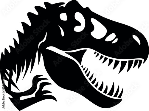 Black silhouette of a tyrannosaurus rex head with an open mouth and sharp teeth on a white background