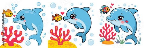 Cartoon Dolphins with Fish and Coral Reefs Adorable Kawaii Underwater Friends Illustration