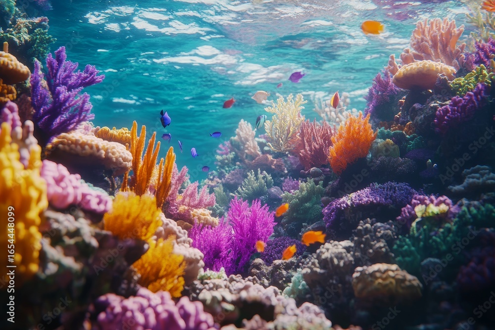 Naklejka premium Vivid coral reef scene with diverse coral species and tropical fish swimming in crystal clear turquoise water
