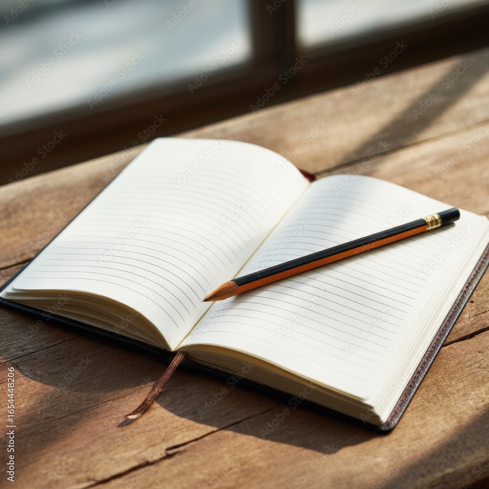 Fototapeta premium Open notebook with blank pages and a pencil resting on top, placed on a wooden table, illuminated by natural sunlight, creating a warm and inviting workspace atmosphere