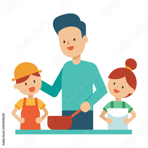 Father and children cooking together happily