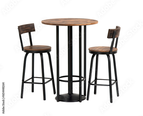 A rustic, round bistro table set with two matching stools.  The table and chairs have a light wood top and black metal legs