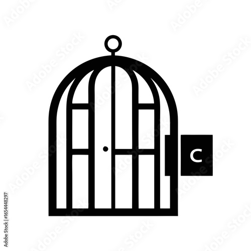 Simple black and white birdcage icon with a door and letter c