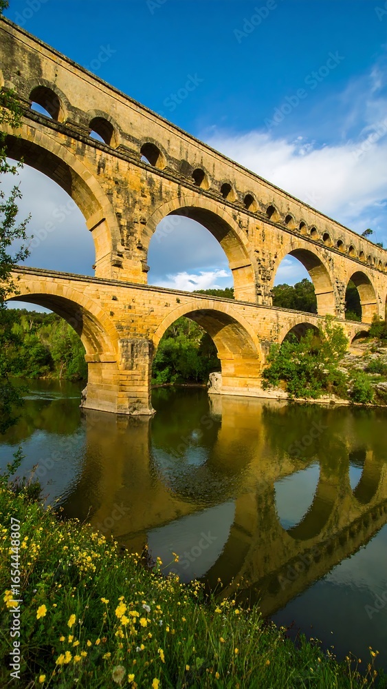 Fototapeta premium Ancient stone bridge reflecting on calm water
