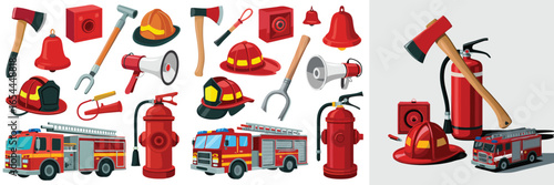 Cartoon Firefighter Equipment Firetruck, Axe, Helmet, Megaphone, Bell, Fire Hydrant, and Fire Extinguisher Illustration