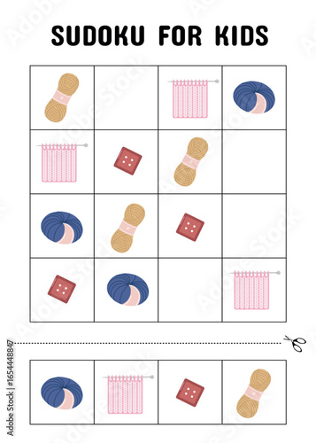 Yarn and Button Sudoku Game for Early Learners. Sudoku puzzle for kids with cute illustrations of yarn, knitting swatches, and red buttons i