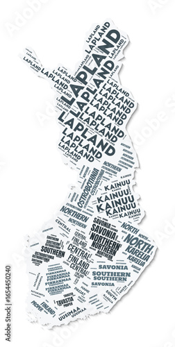 Finland shape text cloud. Country border with shadow on white background. Finland with regions division in vintage gazette style. Vibrant vector illustration.