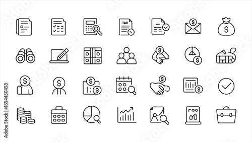 Business and financial analysis icon collection document