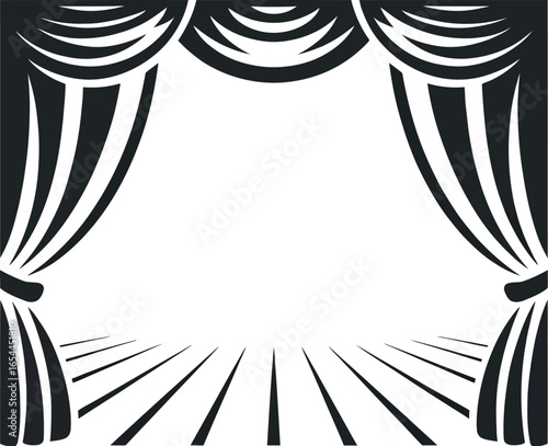 A black and white illustration of a stage curtain with a spotlight effect on the stage floor area