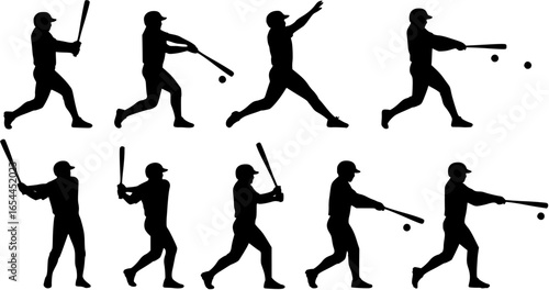 Silhouette of a baseball player swinging a bat, about to hit the ball.
