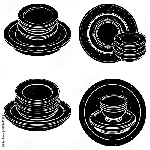 Illustration showcasing four distinct arrangements of plates and bowls in a monochrome style format