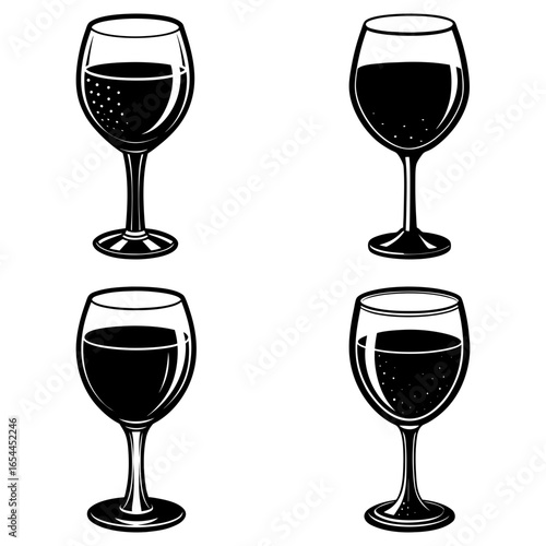 Illustration of four wine glasses filled with dark liquid in a black and white color scheme design style