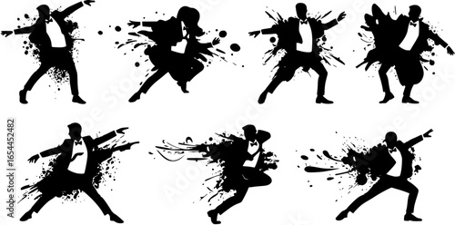 Modern suited man mid-dance with fluid paint splatter vector logo. Artistic freedom symbol
