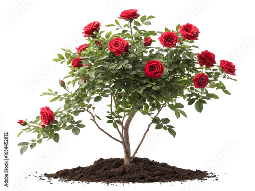 Vibrant red rose bush with lush green leaves isolated on transparent background