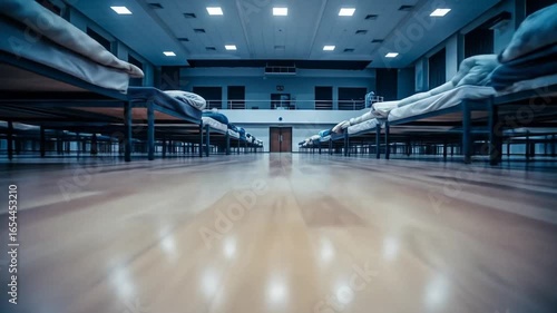 Long rows of beds in a large, dimly lit dormitory or temporary shelter, viewed from a low perspective.