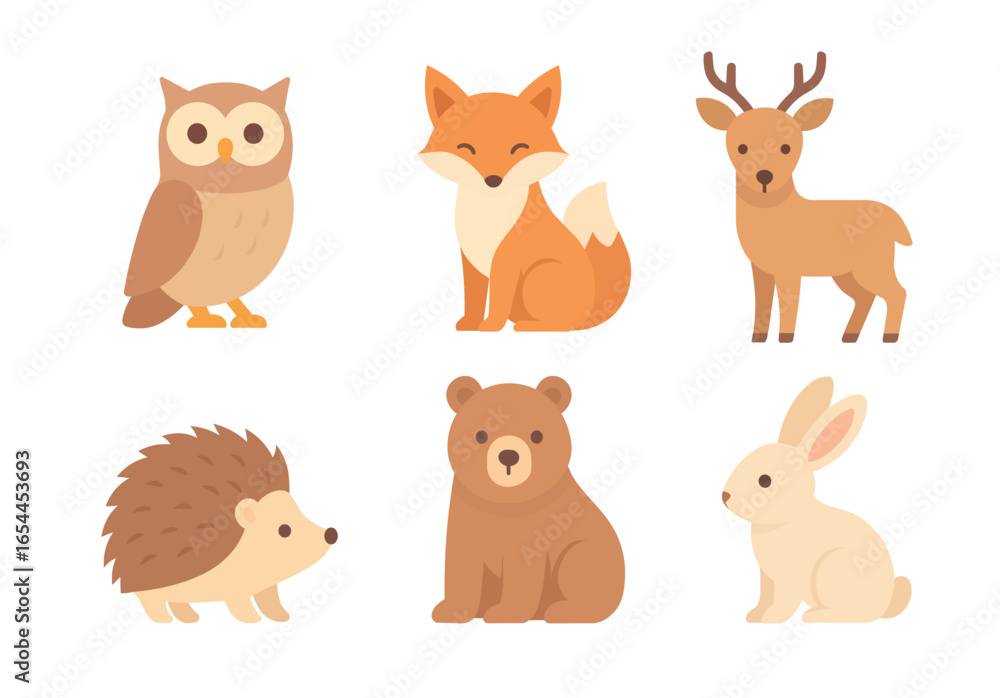 Obraz premium Cute Forest Animals Owl, Fox, Deer, Hedgehog, Bear, Rabbit icons