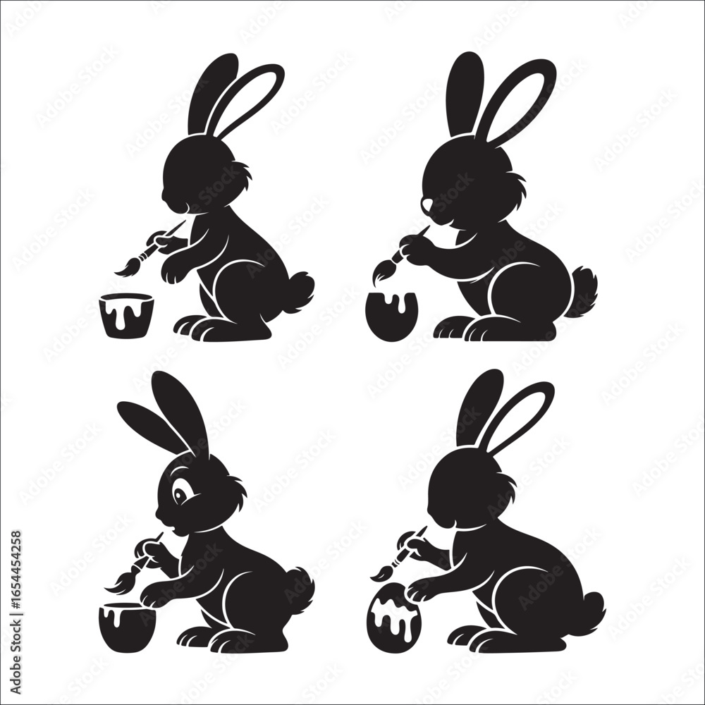 Fototapeta premium Cute Easter bunny and cartoon rabbits with eggs vector illustration set