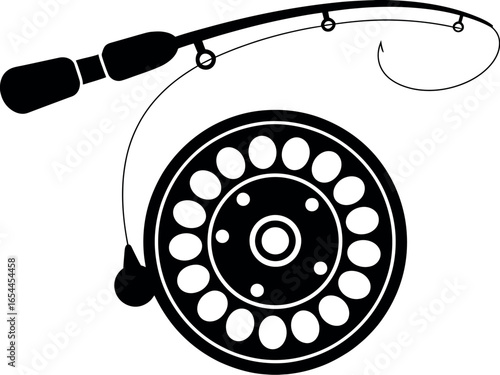 Illustration of a fishing rod with a reel and curved line in black and white vector format design