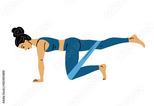 Flat vector illustration of a young woman doing plank exercise with leg raise using resistance band. Fitness training and core workout. Isolated on white background