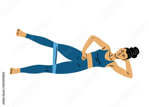 Flat vector illustration of a young woman lying on side and lifting leg with elastic resistance band. Glute and leg exercise. Isolated on white background