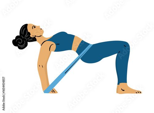 Flat vector illustration of a young woman performing glute bridge with elastic resistance band on thighs. Glute and hip workout. Isolated on white background