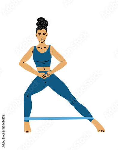 Flat vector illustration of a young woman doing lateral side steps with elastic resistance band around legs. Fitness leg and hip workout. Isolated on white background