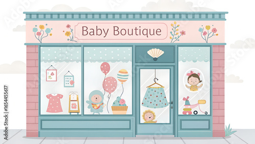 Illustration of a baby boutique store front with various baby themed items in the window display