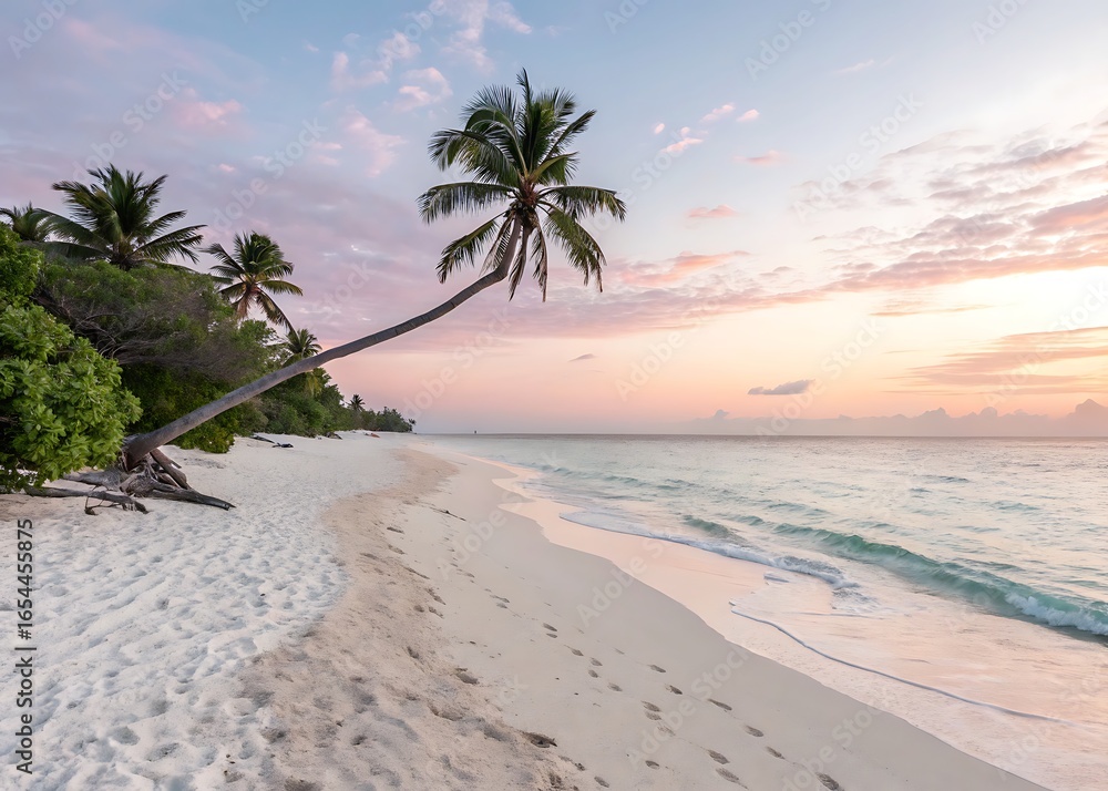 Naklejka premium Tropical beach with palm trees by the sea under a sunny sky perfect for vacation and travel