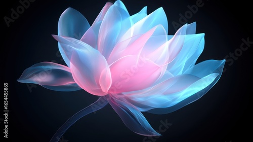 Translucent lotus flower glowing with pink and blue light on a dark background
