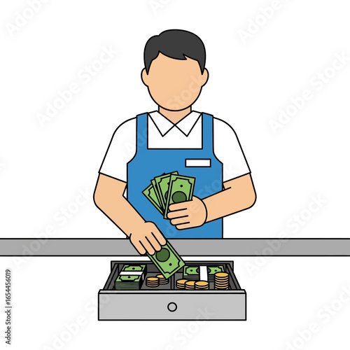 Person counting money at a cash register in a store.