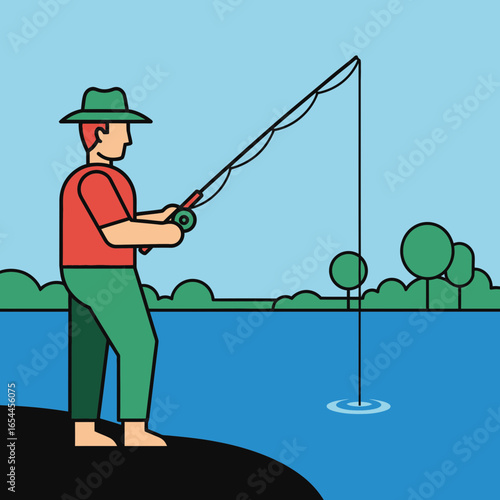 Man fishing from shore on a sunny day with trees in background.