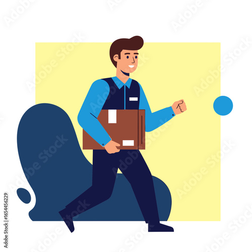 Delivery person carrying a package with a blue abstract background.