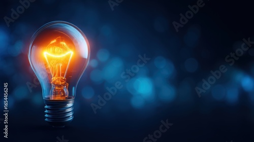 Bright Light Bulb Glowing in Dark Space with Beautiful Blue Bokeh Background
