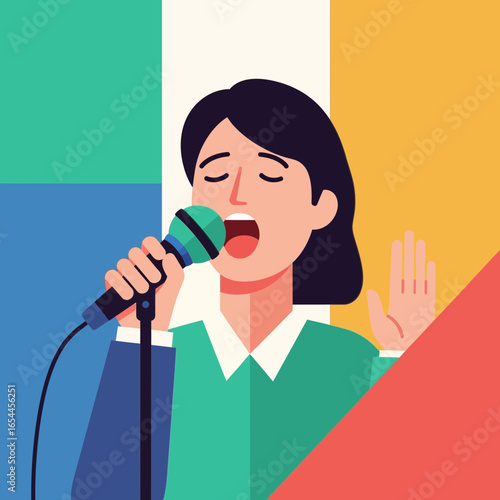 Person singing into a microphone with colorful background.