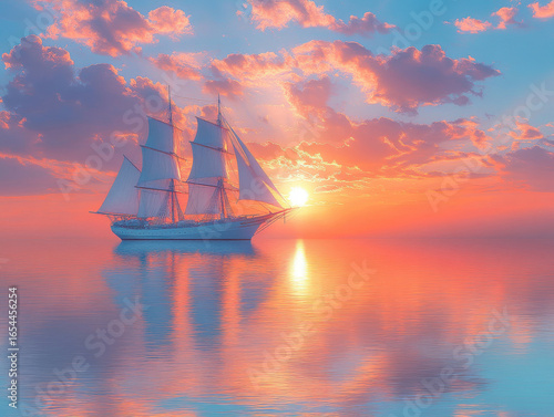 White sailboat on a calm sea at sunset