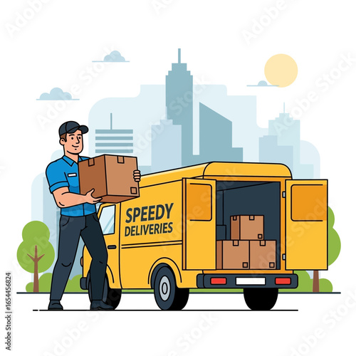 Delivery person loads packages into a yellow van in a city.