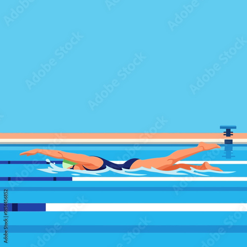 Person swimming freestyle in a swimming pool.