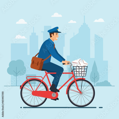Mail carrier on bicycle delivering mail in a city.