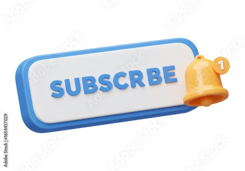 三次元サブスクリプションボタンと通知ベルのイラスト 青とオレンジ色