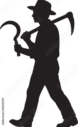 Silhouette of a farmer wearing a hat carrying a sickle and a hoe over his shoulder walking vector