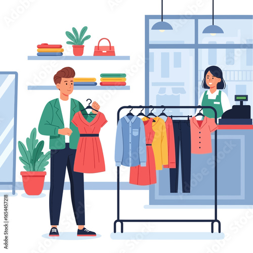 Man shopping for clothes in a store with a cashier.